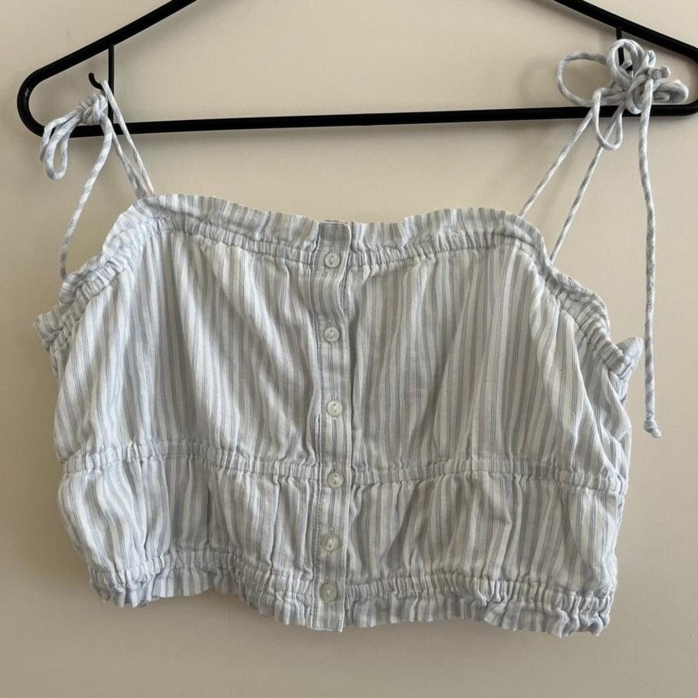 Aerie Smocked Milkmaid Crop Top S Blue Stripe Tie Strap Cottage Coquette Coastal